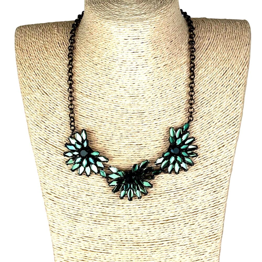 J.Crew Statement Necklace Green Crystal Flower Cluster Vintage Style